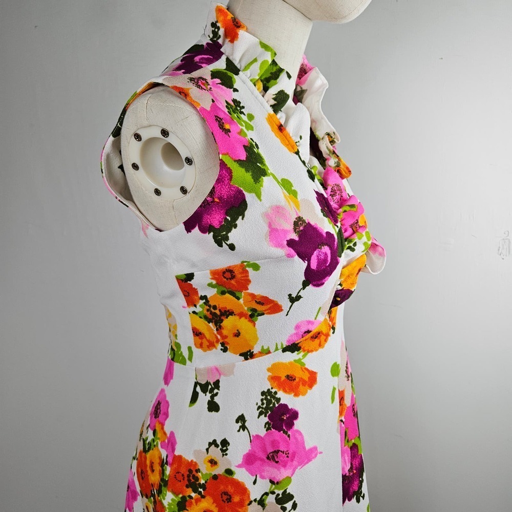 Vintage 70s Floral Maxi Dress Sleeveless S? Ruffle Neck White Pink Orange - Picture 3 of 11